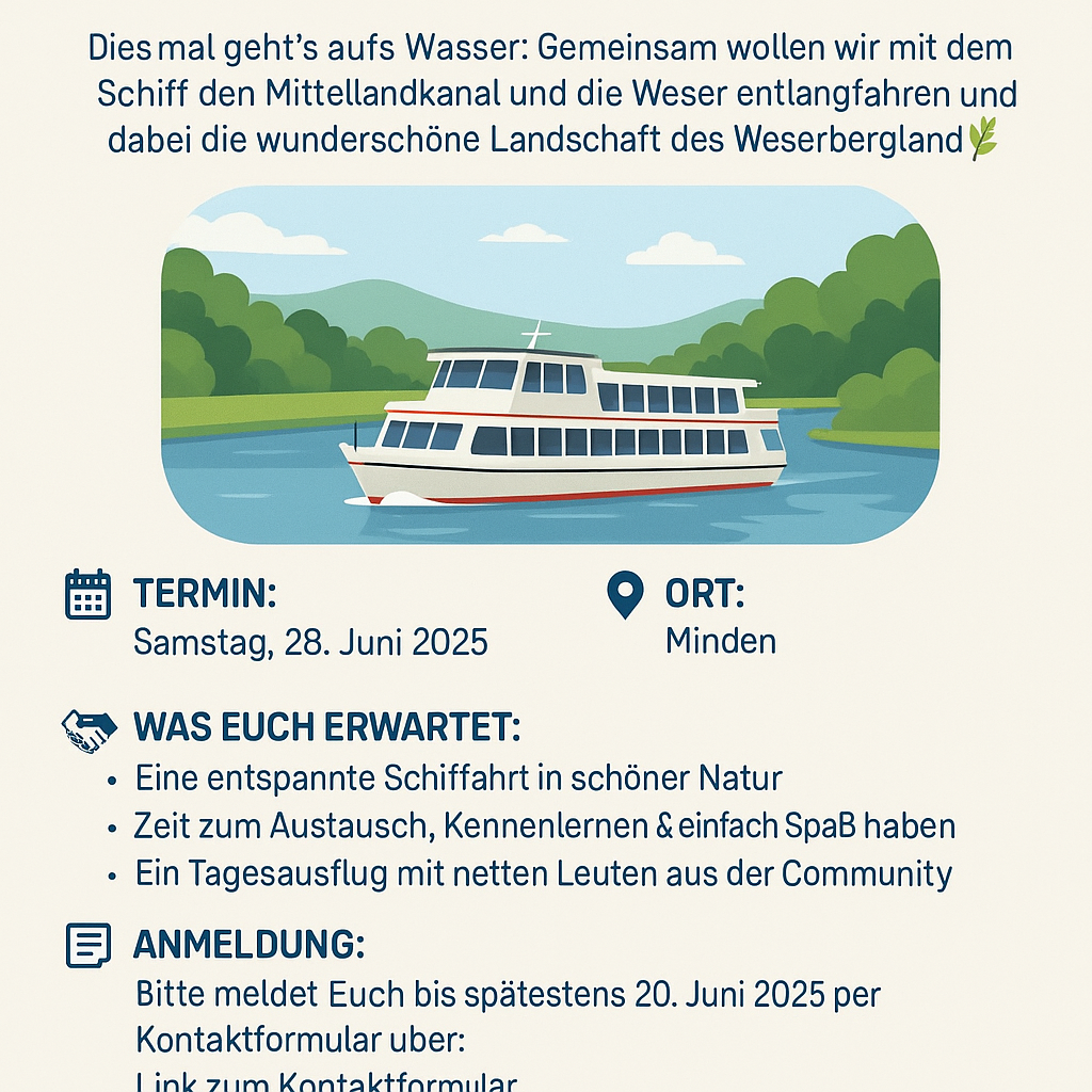 **Alternativtext (barrierefrei, für Screenreader):** Digitale Einladungsgrafik zur Veranstaltung "Aktivtag auf dem Wasser" der Intergeschlechtlichen Menschen NRW am Samstag, den 28. Juni 2025. Oben ist ein stilisiertes Bild eines Ausflugsschiffs auf einem ruhigen Fluss zu sehen, umgeben von grünen Hügeln und Bäumen, mit blauem Himmel und weißen Wolken. Darunter stehen die wichtigsten Informationen: **Termin:** Samstag, 28. Juni 2025 **Ort:** Minden **Was Euch erwartet:** * Eine entspannte Schifffahrt in schöner Natur * Zeit zum Austausch, Kennenlernen und Spaß haben * Ein Tagesausflug mit netten Leuten aus der Community **Anmeldung:** Bis spätestens 20. Juni 2025 über ein Kontaktformular (Link nicht dargestellt). Die Veranstaltung ist kostenlos. Fahrtkosten innerhalb NRW werden nach dem Landesreisekostengesetz erstattet. **Gefördert von:** Fachstelle Landeskoordination Inter\* NRW. Abschließend ein herzlicher Aufruf: „Kommt mit – ob mit Schiff, Bahn oder Auto!“